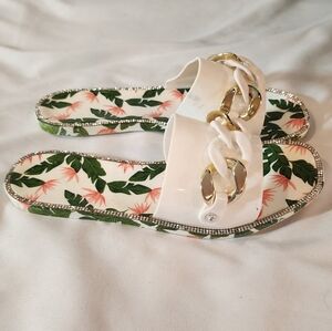 Women's White and Gold Chain Tropical Slide Sandals 9/10 Some Flaws